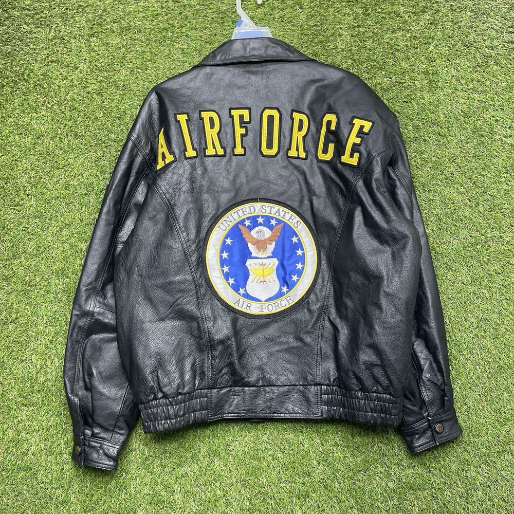 Air Force Leather Jacket Mens Large Black Full Zip Up Coat Embroidered Patches